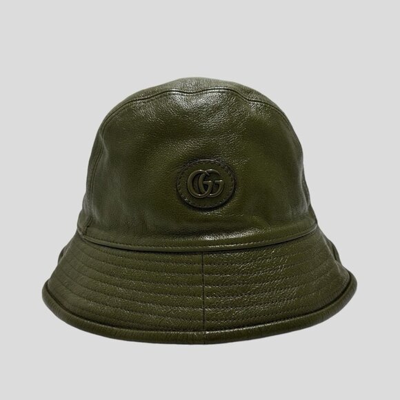 NWT Gucci Leather Double G Bucket Hat Dark Green 100% Authentic Sz S - Picture 1 of 12